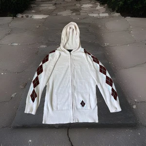 Y2K 2000s Grunge Womens Argyle Style Zip Up Hoodie Sz S Beige White Cute - Foto 1 di 7