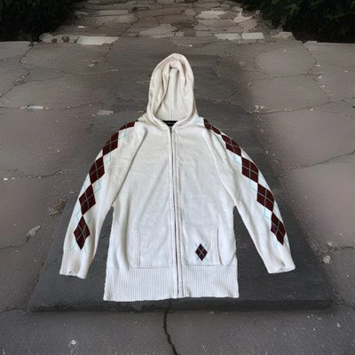 Y2K 2000s Grunge Mujer Estilo Argyle Cremallera Sudadera con Capucha Talla S Beige Blanco Lindo Foto 1 de 4