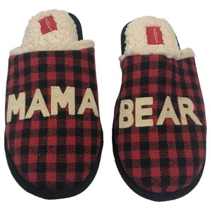 Womens Red Buffalo Plaid Check Sherpa Mama Bear Holiday Slippers 11-12 - Picture 1 of 1