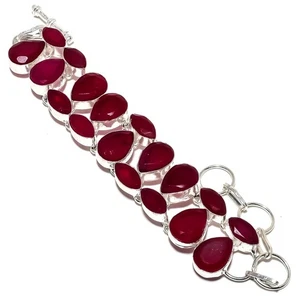 Red Simulated Gemstone Handmade 925 Sterling Silver Bracelet 7-8" - Picture 1 of 5