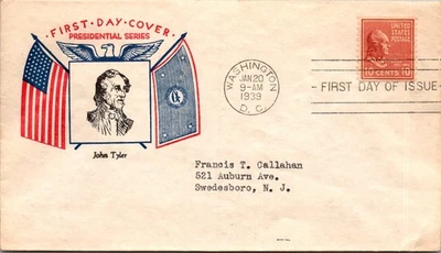 GOLDPATH: US COVER 1939 WASHINGTON,DC.FDC.10C.FLAG.JOHN TYLER CV866_P24 - Image 1 of 2