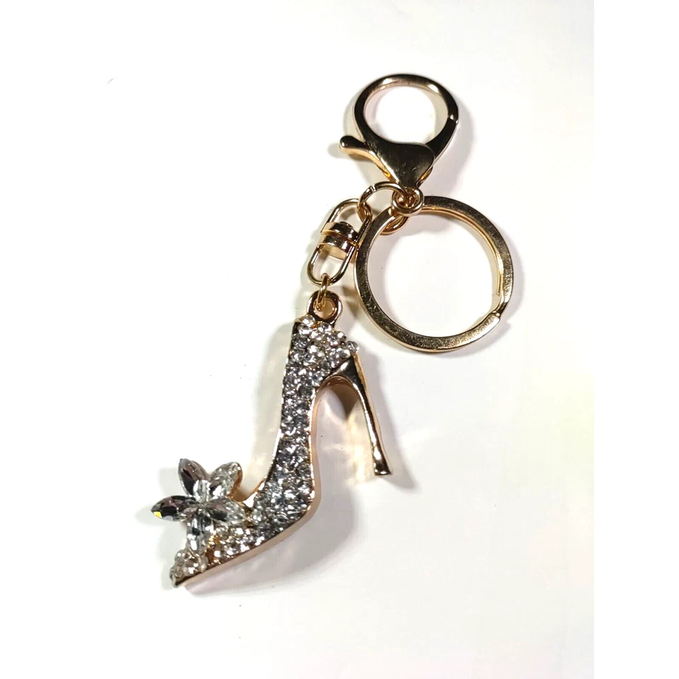 Rhinestones High Heel Shoe Keychain Luggage Purse Clip Rose Gold Tone - Image 1 of 4