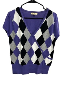 Brina & Em Argyle Short Sleeve Sweater Purple Black Sz Large V-Neck Stretch Knit - Picture 1 of 10