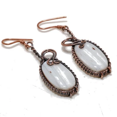 Blue Lace Agate Gemstone Handmade Wire Wrap Copper Jewelry Earrings 2.3" PG 96 - Image 1 of 4