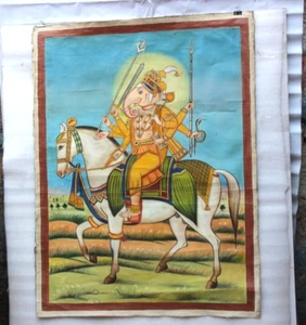 Antiguo Señor Hindú Ganesha a Caballo con Espada Pintura al Óleo sobre Lienzo RARO 6484 - Imagen 1 de 15
