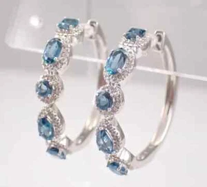 2.20Ct Oval Lab Created Blue Topaz women's Hoop Earrings 14K White Gold Plated - Picture 1 of 7