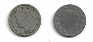 Lot of 2 Liberty Nickels : 1883 No Cents 1883 With Cents - Picture 1 of 2