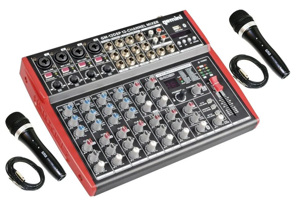 Gemini GM-12DSP Compact 12 Channel Mixer w/ Bluetooth USB 2x EMB EMIC700 Mic