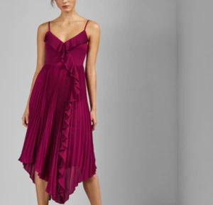 Ted Baker Kattyy Dress Size 3 / UK12 Deep Pink Strappy Pleated Low V Lined - Picture 1 of 18