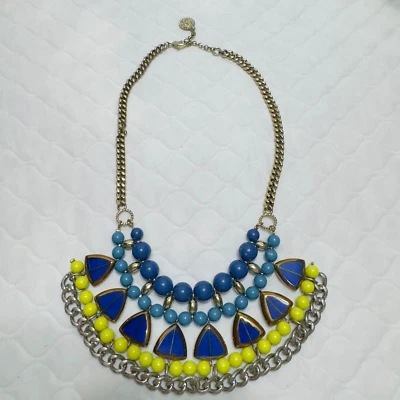 Jessica Simpson Blue Lime Yellow Statement Ruffle Triangle Collar Necklace Beads - Image 1 of 4