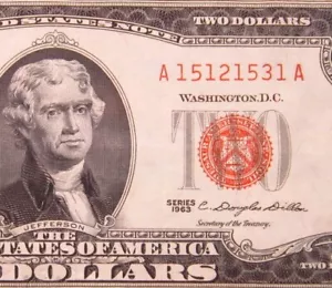 USA $2 1963 A15121531A # UNITED STATES Note RED Seal Jefferson Dollars Money - Picture 1 of 3