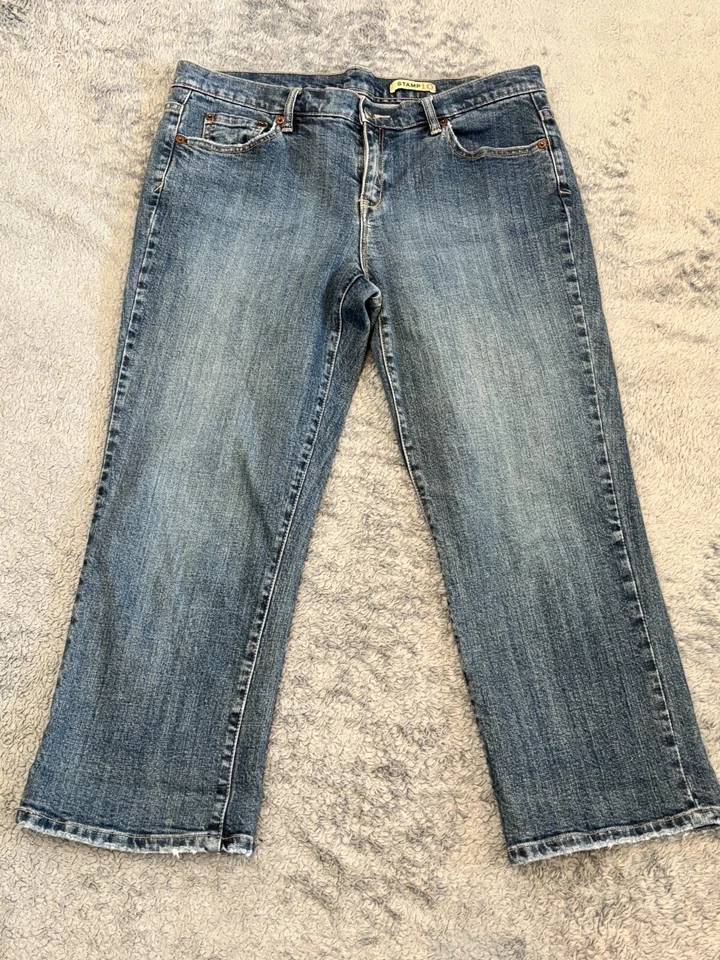 Pantalones de mezclilla STAMP 10 para mujer 12 recortados azules pierna recta 5 bolsillos diseño clásico Foto 1 de 4