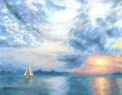 Signed Fine Art Canvas Print 12"x16" Ocean Sunset Painting Seascape Boat Yacht - Image 1 of 4