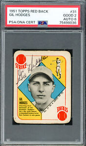 Gil Hodges Signed 1951 Topps Red Back Card PSA 2 Auto Grade 6 PSA/DNA 75498036