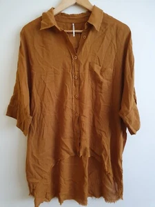 Free People Cotton Raw Hem Boyfriend Shirt Brown Sz XS High Low Style - Picture 1 of 6