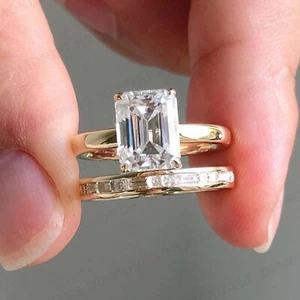 4.20ctw Emerald Cut Moissanite Matching Band Trio Set Ring 14k White Gold Plated - Picture 1 of 7