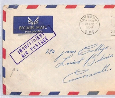 Cubierta Barbados 1956 mal pagada franqueo aéreo insuficiente excelente caché violeta ZV93 Foto 1 de 4