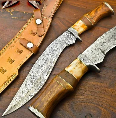 15"  Custom Handmade Damascus Stee Camel Bone Bowie Hunting Kukri Knife #3 - Image 1 of 4