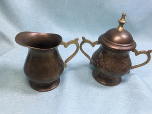 Vintage versilberte Zuckerdose Deckel Milchkännchen geätzt Commodore massiv Messing Indien - Bild 1 von 21