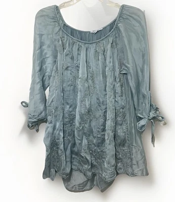 BLUSA MUJER TEMPO PARIS GRANDE AZUL PLATA LAGONLOOK ITALIA BOHO Bordada Foto 1 de 4