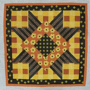 Melissa Shirley Patchwork Needlepoint Canvas Black Yellow Orange Hand Painted - Picture 1 of 5