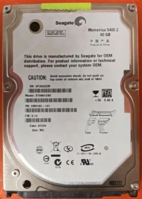 ⭐️⭐️⭐️⭐️⭐️ HDD Hard Drive SATA Laptop 2.5" Seagate ST96812AS 60GB FW: 3.14 - Image 1 of 2