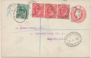GB 1903 EVII muy raro franqueo mixto en papelería postal mejorada env LONDRES DK - Imagen 1 de 4
