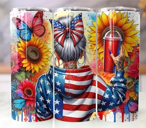 Bicchiere in acciaio inox 20 oz - felpa grigia con cappuccio ragazza con bandiera americana e girasoli - Foto 1 di 5
