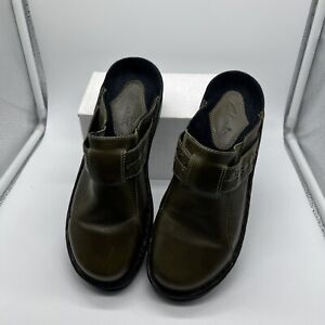 Clarks Olive Green Leather Slip On Mules Stitched Clogs Wedges Flats Shoes 7 M