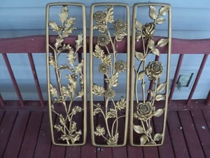 Vintage Syroco Dart Gold Set of 3 Season Floral Wall Plaques 23X6” MCM 1954 - Picture 1 of 7