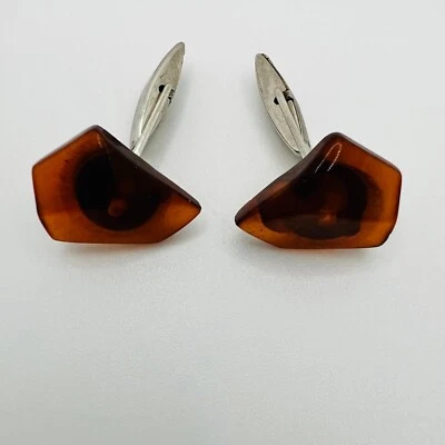 Retro, Mid Century Modern Bernstein-Manschettenknöpfe aus Silber asymmetrisch - Bild 1 von 4