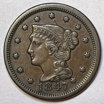 Moeda UA quase não circulada cabelo trançado 1847 centavo grande #20487 - Imagem 1 de 3