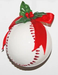 CHRISTMAS ORNAMENT BASEBALL RINGING BELL RED BOW RIBBON HOLLY LEAVES STITCHES - Picture 1 of 2