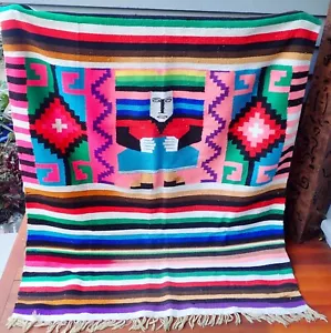 VTG MAYA ZAPOTEC 60s UNUSUAL HAND-WOVEN WOOL BLANKET 56" x 70". HAS 3 MOTH HOLES - Picture 1 of 12