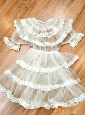 Vintage  1950s Girls Tiered Tulle Dress /lace trim - Image 1 of 4