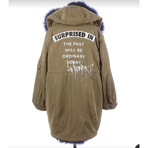 Moussy NoBorder Olive Green Blue Fur Trim Graphic Surprise Heavy Parka 1 S - Picture 1 of 12