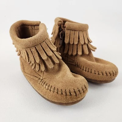 Minnetonka Baby бахрома мокасины ботинки желтовато-коричневый замши кожи размер 3 ребенка ясельного возраста молнии - Изображение 1 из 4