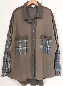 Giacca piumino oversize con bottoni POL taglia Large French Terry & Plaid in oliva multi - Foto 1 di 11