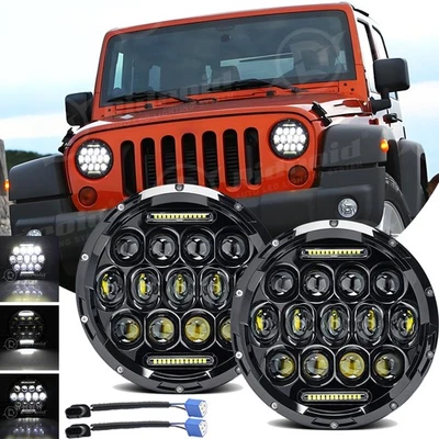 Pair 7" Inch Round LED Headlight H4 Hi-Lo Beam DRL For Jeep Wrangler JK LJ TJ CJ Foto 1 de 4