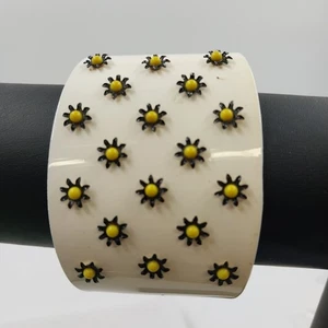 Hard Plastic Cuff Bracelet Gold Inside w Small Black and Yellow Flowers Vintage - Picture 1 of 6