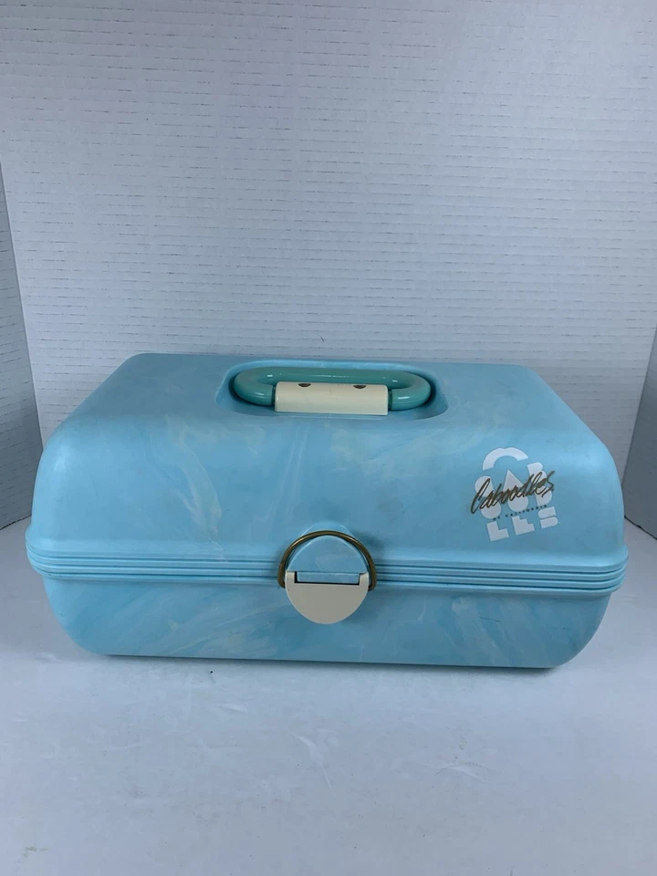 复古 Caboodles 盒子化妆盒蓝色带托盘和镜子 (WP157) — 第 1/4 张图片