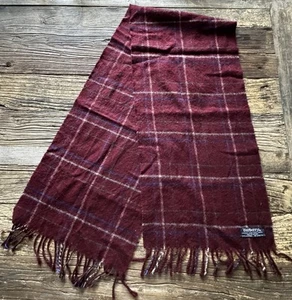 Autentica sciarpa vintage Burberrys grigio bordeaux blu check frange cashmere Scozia - Foto 1 di 4