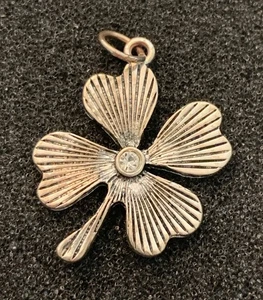 Vintage Four Leaf Clover Rhinestone Silver Tone  Metal Pendant Good Luck Charm - Picture 1 of 3