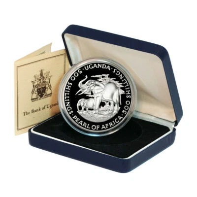 Uganda Elephant Pearl of Africa 500 Shillings 1981 BU Silver Crown KM 23 Box & C - Image 1 of 3