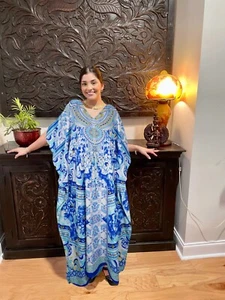 Womens Maxi Kaftan Dress Sky Blue Kimono Caftan Resort Dresses Gift For Mom M-2X - Picture 1 of 1