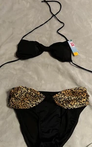 VTG 80s UJENA Swimwear 2 Pc Black Leopard Bow Bikini Waist 30-36 L/XL - Picture 1 of 18