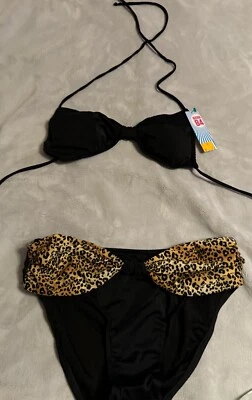 De Colección Años 80 UJENA Traje de Baño 2 Piezas Negro Leopardo Lazo Bikini Cintura 30-36 L/XL Foto 1 de 4
