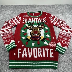 No Boundaries Sweater Juniors Large Red Green Reindeer Sequin Ugly Christmas - Picture 1 of 13