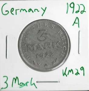 Moneda Alemania (Weimar) 3 marcos 1922 A KM29 - Imagen 1 de 4
