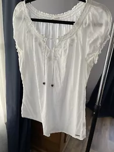 Hang Ten Vintage Peasant Shirt White Embroidered SZ L Short Sleeve - Picture 1 of 7